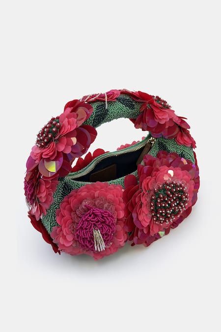 Buy_Versuhz_Red Sequins, Pearls, Beads, Crimson Floral Beaded Bag 