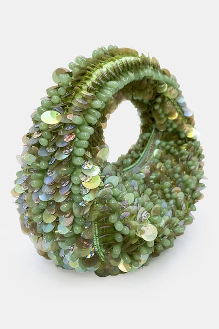 Shop_Versuhz_Green Sequins, Beads Pistachio Bloom Luxe Handbag _Online_at_Aza_Fashions