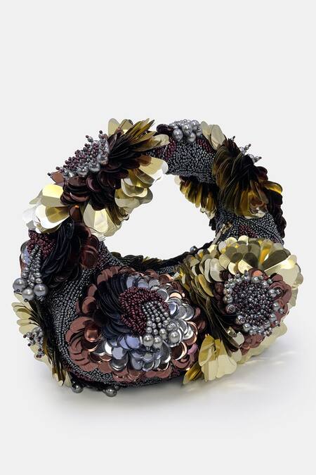 Buy_Versuhz_Multi Color Sequins, Beads Midnight Gild Floral And Embellished Handbag 