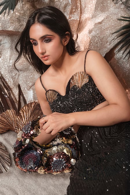 Versuhz Midnight Gild 
 Floral Sequin & Bead Embellished Handbag 