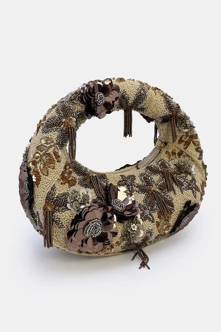 Versuhz_Gold Beads, Noir Hand-beaded 3d Floral Arc Handbag _Online_at_Aza_Fashions