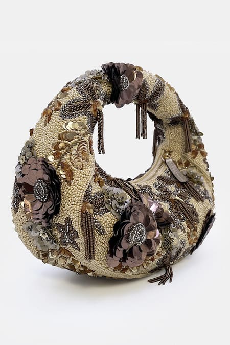Buy_Versuhz_Gold Beads, Noir Hand-beaded 3d Floral Arc Handbag _Online_at_Aza_Fashions
