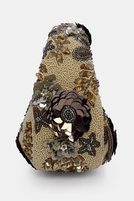 Versuhz_Gold Beads, Noir Hand-beaded 3d Floral Arc Handbag _at_Aza_Fashions