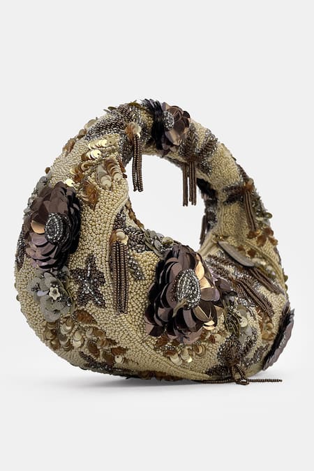 Buy_Versuhz_Gold Beads, Noir Hand-beaded 3d Floral Arc Handbag 