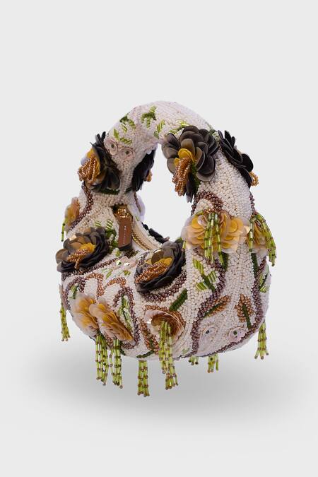 Shop_Versuhz_White Beads, Sequins, Golden mini Floral And Embellished Bag _Online_at_Aza_Fashions