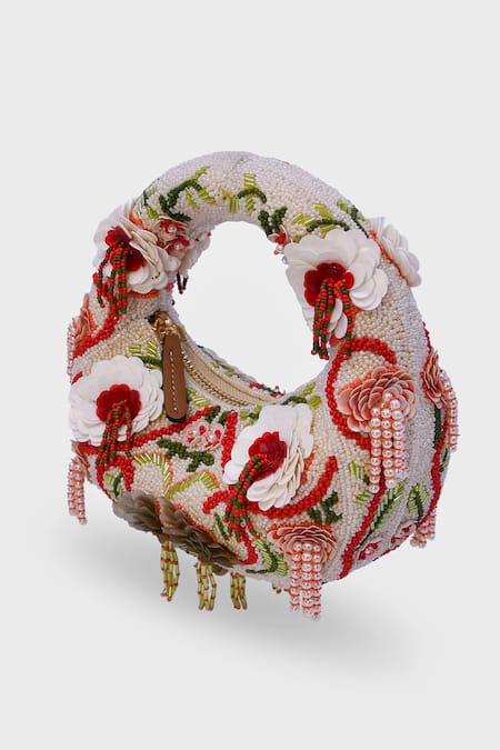 Shop_Versuhz_White Beads, Sequins, Tassels, Crimson Amour Floral Beaded Handbag _Online_at_Aza_Fashions