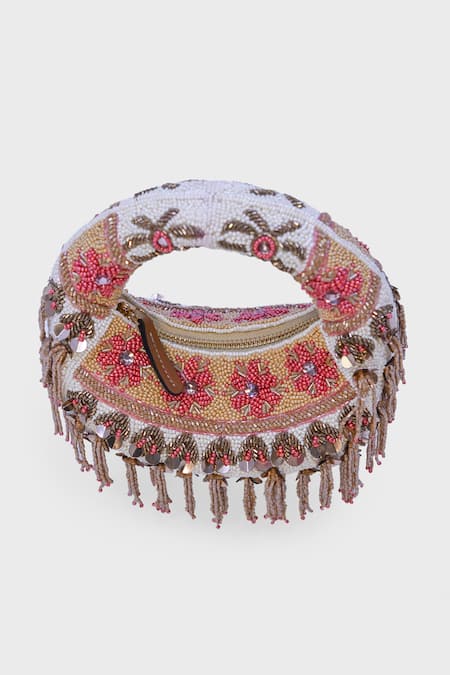 Versuhz_Gold Beads, Sequins, Fringe mini Floral Beaded Bag _at_Aza_Fashions