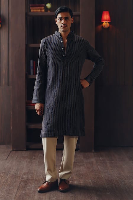 Twenty Nine Blue Chanderi Embroidery Pintuck And Threadwork Pathani Kurta Set 