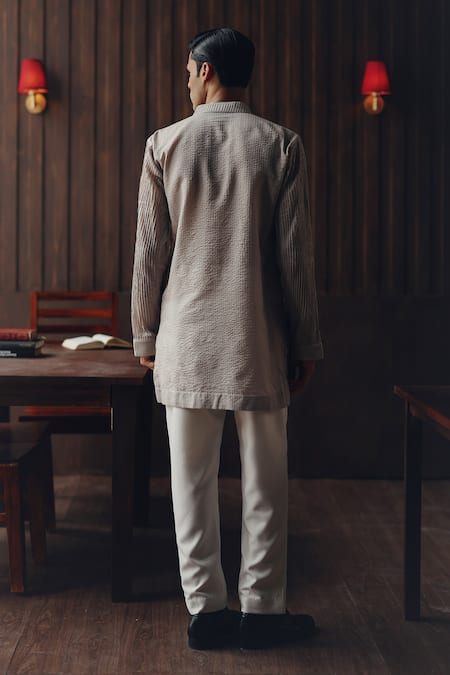 Shop Twenty Nine Gray Chanderi Embroidery Pintuck And Block Print Kurta Set at Aza Fashions Shop_Twenty Nine_Gray Chanderi Embroidery Pintuck And Block Print Kurta Set _at_Aza_Fashions