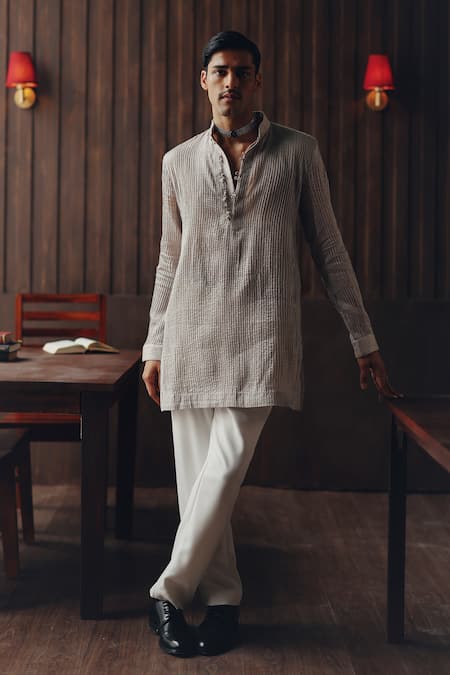 Twenty Nine Gray Chanderi Embroidery Pintuck And Block Print Kurta Set 