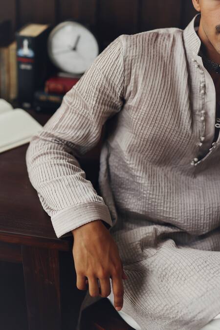 Shop Twenty Nine Gray Chanderi Embroidery Pintuck And Block Print Kurta Set Online at Aza Fashions Shop_Twenty Nine_Gray Chanderi Embroidery Pintuck And Block Print Kurta Set _Online_at_Aza_Fashions