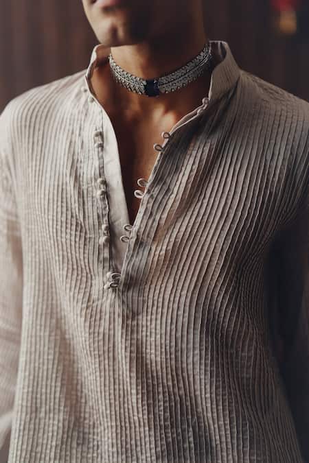 Twenty Nine Gray Chanderi Embroidery Pintuck And Block Print Kurta Set at Aza Fashions Twenty Nine_Gray Chanderi Embroidery Pintuck And Block Print Kurta Set _at_Aza_Fashions