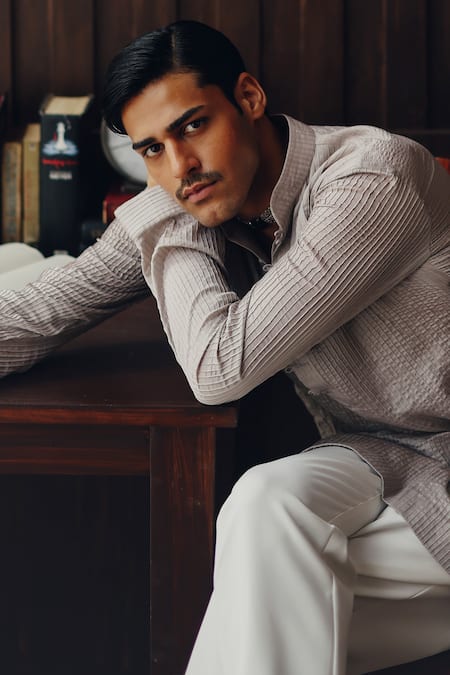 Buy Twenty Nine Gray Chanderi Embroidery Pintuck And Block Print Kurta Set Buy_Twenty Nine_Gray Chanderi Embroidery Pintuck And Block Print Kurta Set