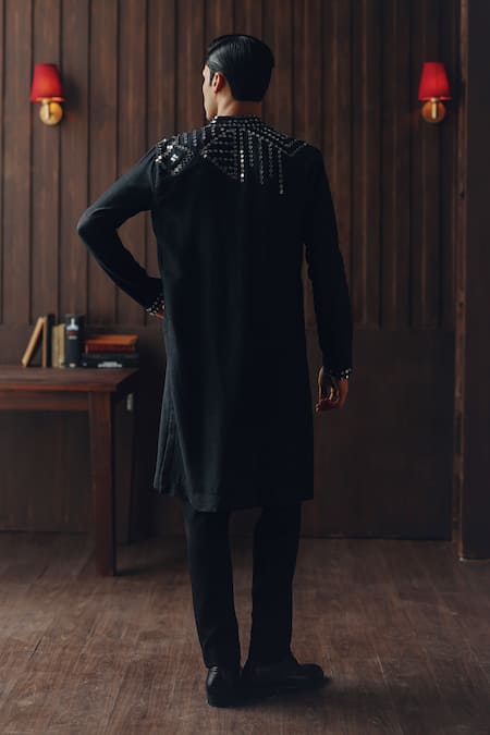 Shop Twenty Nine Black Silk Mirrors Sequined Kurta And Pant Set at Aza Fashions Shop_Twenty Nine_Black Silk Mirrors Sequined Kurta And Pant Set _at_Aza_Fashions
