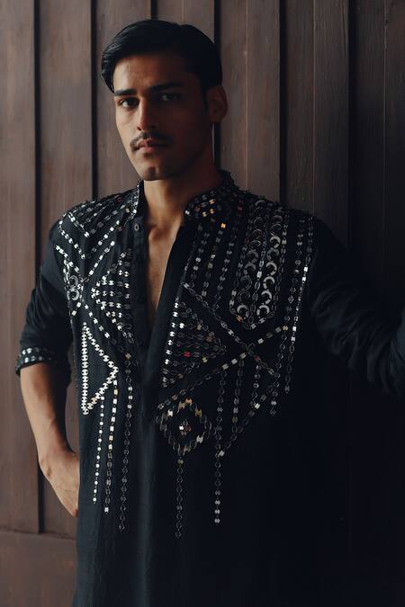 Shop Twenty Nine Black Silk Mirrors Sequined Kurta And Pant Set Online at Aza Fashions Shop_Twenty Nine_Black Silk Mirrors Sequined Kurta And Pant Set _Online_at_Aza_Fashions