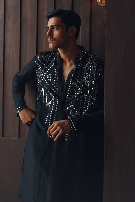 Twenty Nine Black Silk Mirrors Sequined Kurta And Pant Set at Aza Fashions Twenty Nine_Black Silk Mirrors Sequined Kurta And Pant Set _at_Aza_Fashions