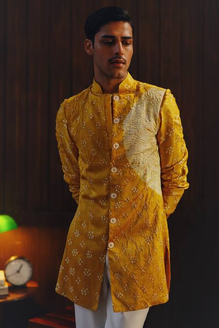 Twenty Nine Yellow Silk Beads Shibori Bandhani Kurta And Pant Set at Aza Fashions Twenty Nine_Yellow Silk Beads Shibori Bandhani Kurta And Pant Set _at_Aza_Fashions