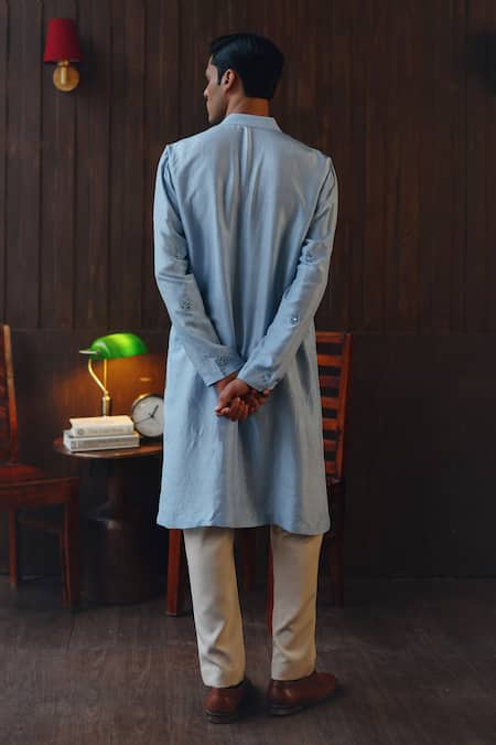 Shop Twenty Nine Blue Silk Beads, Mirrors Monga And Booti Kurta Set at Aza Fashions Shop_Twenty Nine_Blue Silk Beads, Mirrors Monga And Booti Kurta Set _at_Aza_Fashions
