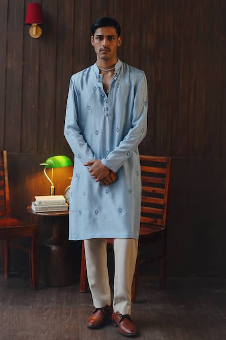 Twenty Nine Blue Silk Beads, Mirrors Monga And Booti Kurta Set 