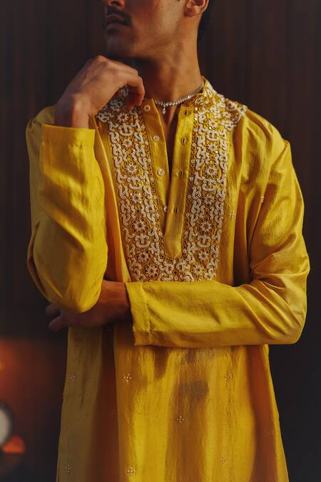 Buy Twenty Nine Yellow Silk Beads, Mirrors Beadwork Bandhani Kurta And Pant Set Online at Aza Fashions Buy_Twenty Nine_Yellow Silk Beads, Mirrors Beadwork Bandhani Kurta And Pant Set _Online_at_Aza_Fashions
