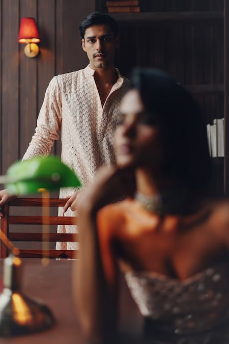 Twenty Nine_Pink Dupion, Silk Mirrors, Beads, Embroidery Booti Kurta And Dhoti Pant Set _Online_at_Aza_Fashions