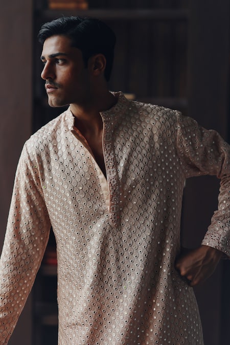 Twenty Nine_Pink Dupion, Silk Mirrors, Beads, Embroidery Booti Kurta And Dhoti Pant Set _at_Aza_Fashions