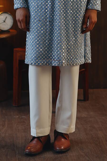 Twenty Nine_Sky Blue Net Beads, Mirrors Beadwork Jaal Kurta And Pant Set _Online_at_Aza_Fashions
