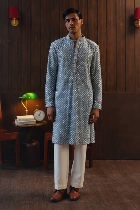 Buy_Twenty Nine_Sky Blue Net Beads, Mirrors Beadwork Jaal Kurta And Pant Set _Online_at_Aza_Fashions