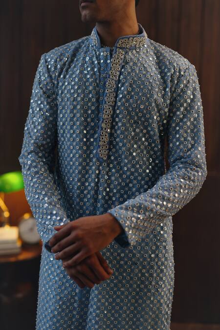 Shop_Twenty Nine_Sky Blue Net Beads, Mirrors Beadwork Jaal Kurta And Pant Set _Online_at_Aza_Fashions