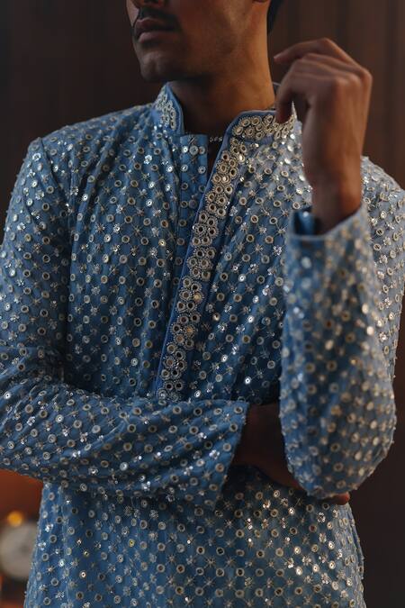 Twenty Nine_Sky Blue Net Beads, Mirrors Beadwork Jaal Kurta And Pant Set _at_Aza_Fashions