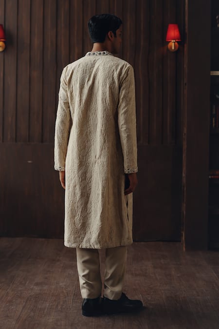 Shop Twenty Nine Beige Dupion, Silk Embroidery, Beads, Mirrors Chikankari Jaal And Kurta Set at Aza Fashions Shop_Twenty Nine_Beige Dupion, Silk Embroidery, Beads, Mirrors Chikankari Jaal And Kurta Set _at_Aza_Fashions
