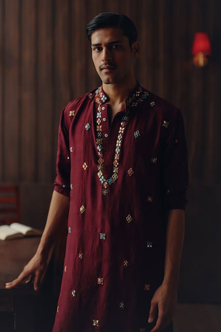 Shop_Twenty Nine_Maroon Silk Embroidery, Mirrors Kutch Kurta And Kanthawork Pant Set _Online_at_Aza_Fashions