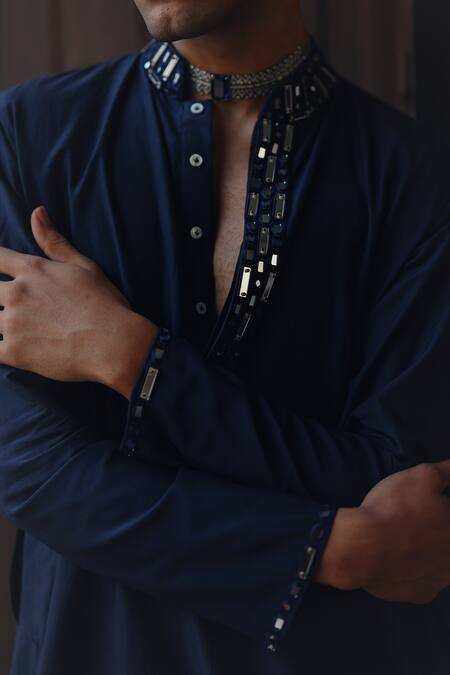 Twenty Nine Blue Cotton, Silk Embroidery, Mirrors, Beads Art Deco Motif Patchwork Kurta Set Online at Aza Fashions Twenty Nine_Blue Cotton, Silk Embroidery, Mirrors, Beads Art Deco Motif Patchwork Kurta Set _Online_at_Aza_Fashions