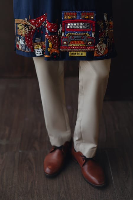 Shop Twenty Nine Blue Cotton, Silk Embroidery, Mirrors, Beads Art Deco Motif Patchwork Kurta Set Online at Aza Fashions Shop_Twenty Nine_Blue Cotton, Silk Embroidery, Mirrors, Beads Art Deco Motif Patchwork Kurta Set _Online_at_Aza_Fashions