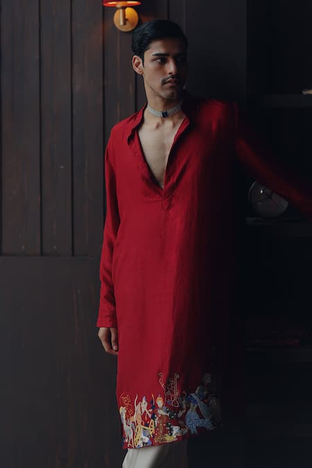 Twenty Nine_Burgundy Silk Embroidery, Mirrors, Beads Raasleela Patchwork Kurta Set _Online_at_Aza_Fashions