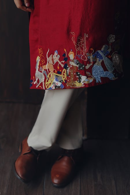 Buy_Twenty Nine_Burgundy Silk Embroidery, Mirrors, Beads Raasleela Patchwork Kurta Set _Online_at_Aza_Fashions