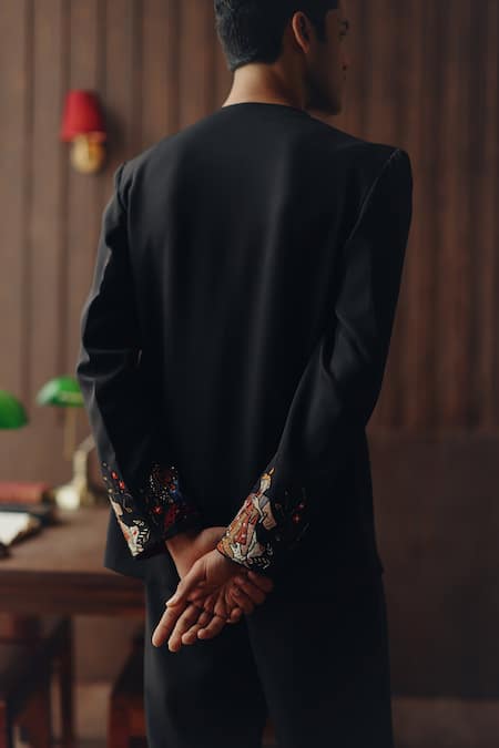 Shop Twenty Nine Black Crepe Embroidery, Zari Raasleela Art Deco Jacket And Dhoti Pant Set at Aza Fashions Shop_Twenty Nine_Black Crepe Embroidery, Zari Raasleela Art Deco Jacket And Dhoti Pant Set _at_Aza_Fashions