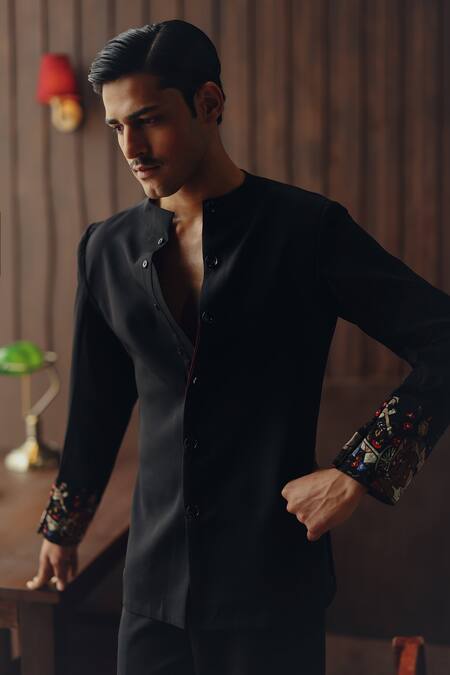 Twenty Nine Black Crepe Embroidery, Zari Raasleela Art Deco Jacket And Dhoti Pant Set Online at Aza Fashions Twenty Nine_Black Crepe Embroidery, Zari Raasleela Art Deco Jacket And Dhoti Pant Set _Online_at_Aza_Fashions