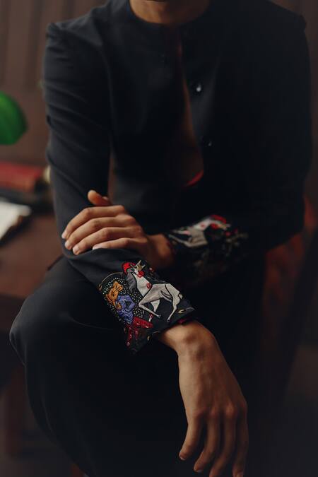 Shop Twenty Nine Black Crepe Embroidery, Zari Raasleela Art Deco Jacket And Dhoti Pant Set Online at Aza Fashions Shop_Twenty Nine_Black Crepe Embroidery, Zari Raasleela Art Deco Jacket And Dhoti Pant Set _Online_at_Aza_Fashions