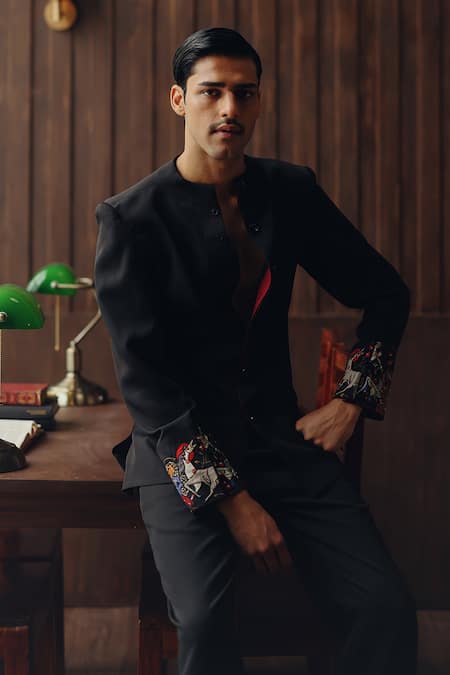 Twenty Nine Black Crepe Embroidery, Zari Raasleela Art Deco Jacket And Dhoti Pant Set at Aza Fashions Twenty Nine_Black Crepe Embroidery, Zari Raasleela Art Deco Jacket And Dhoti Pant Set _at_Aza_Fashions