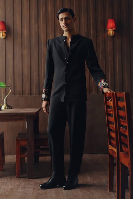 Twenty Nine Black Crepe Embroidery, Zari Raasleela Art Deco Jacket And Dhoti Pant Set 