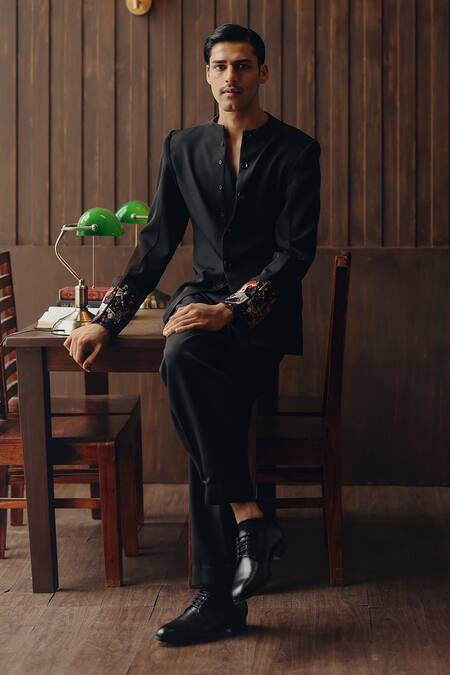 Buy Twenty Nine Black Crepe Embroidery, Zari Raasleela Art Deco Jacket And Dhoti Pant Set Buy_Twenty Nine_Black Crepe Embroidery, Zari Raasleela Art Deco Jacket And Dhoti Pant Set