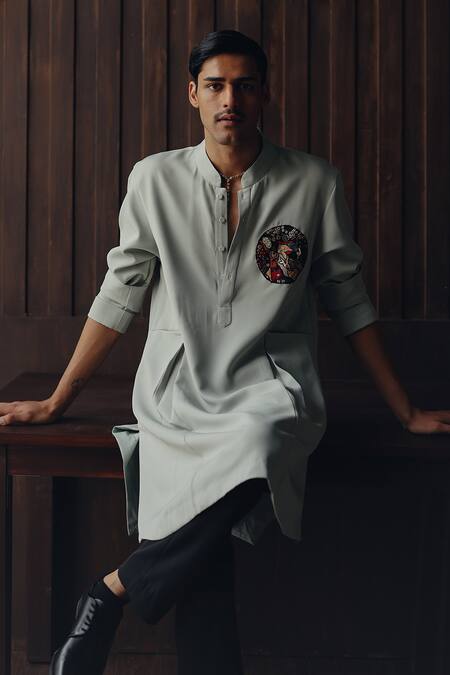 Buy Twenty Nine Gray Crepe Patchwork Art-deco Angarkha Kurta And Pant Set Online at Aza Fashions Buy_Twenty Nine_Gray Crepe Patchwork Art-deco Angarkha Kurta And Pant Set _Online_at_Aza_Fashions