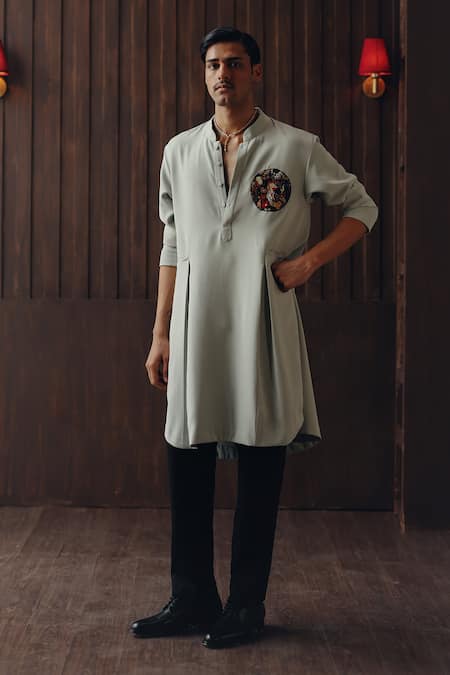 Twenty Nine Gray Crepe Patchwork Art-deco Angarkha Kurta And Pant Set 