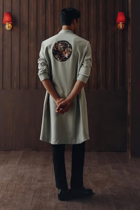 Shop Twenty Nine Gray Crepe Patchwork Art-deco Angarkha Kurta And Pant Set at Aza Fashions Shop_Twenty Nine_Gray Crepe Patchwork Art-deco Angarkha Kurta And Pant Set _at_Aza_Fashions