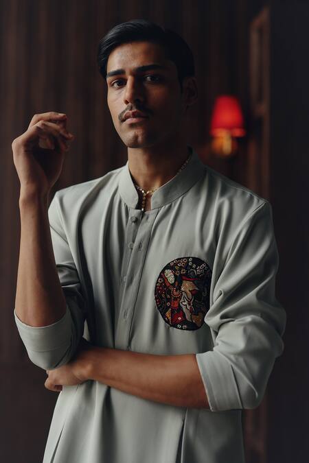 Shop Twenty Nine Gray Crepe Patchwork Art-deco Angarkha Kurta And Pant Set Online at Aza Fashions Shop_Twenty Nine_Gray Crepe Patchwork Art-deco Angarkha Kurta And Pant Set _Online_at_Aza_Fashions