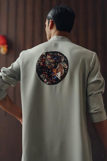 Twenty Nine Gray Crepe Patchwork Art-deco Angarkha Kurta And Pant Set at Aza Fashions Twenty Nine_Gray Crepe Patchwork Art-deco Angarkha Kurta And Pant Set _at_Aza_Fashions