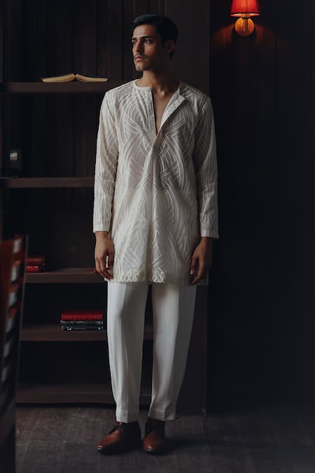 Twenty Nine White Net Embroidery Resham High Neck Kurta With Pant 