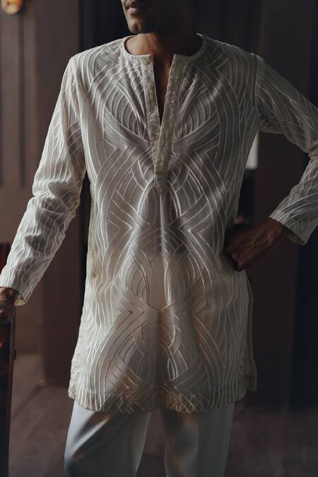 Buy Twenty Nine White Net Embroidery Resham High Neck Kurta With Pant Buy_Twenty Nine_White Net Embroidery Resham High Neck Kurta With Pant