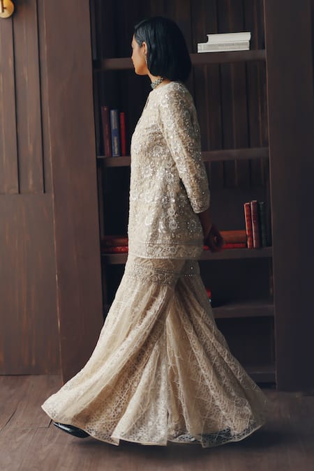 Twenty Nine Beige Net Mirrors, Beads And Beadwork Tulle Sharara Online at Aza Fashions Twenty Nine_Beige Net Mirrors, Beads And Beadwork Tulle Sharara _Online_at_Aza_Fashions